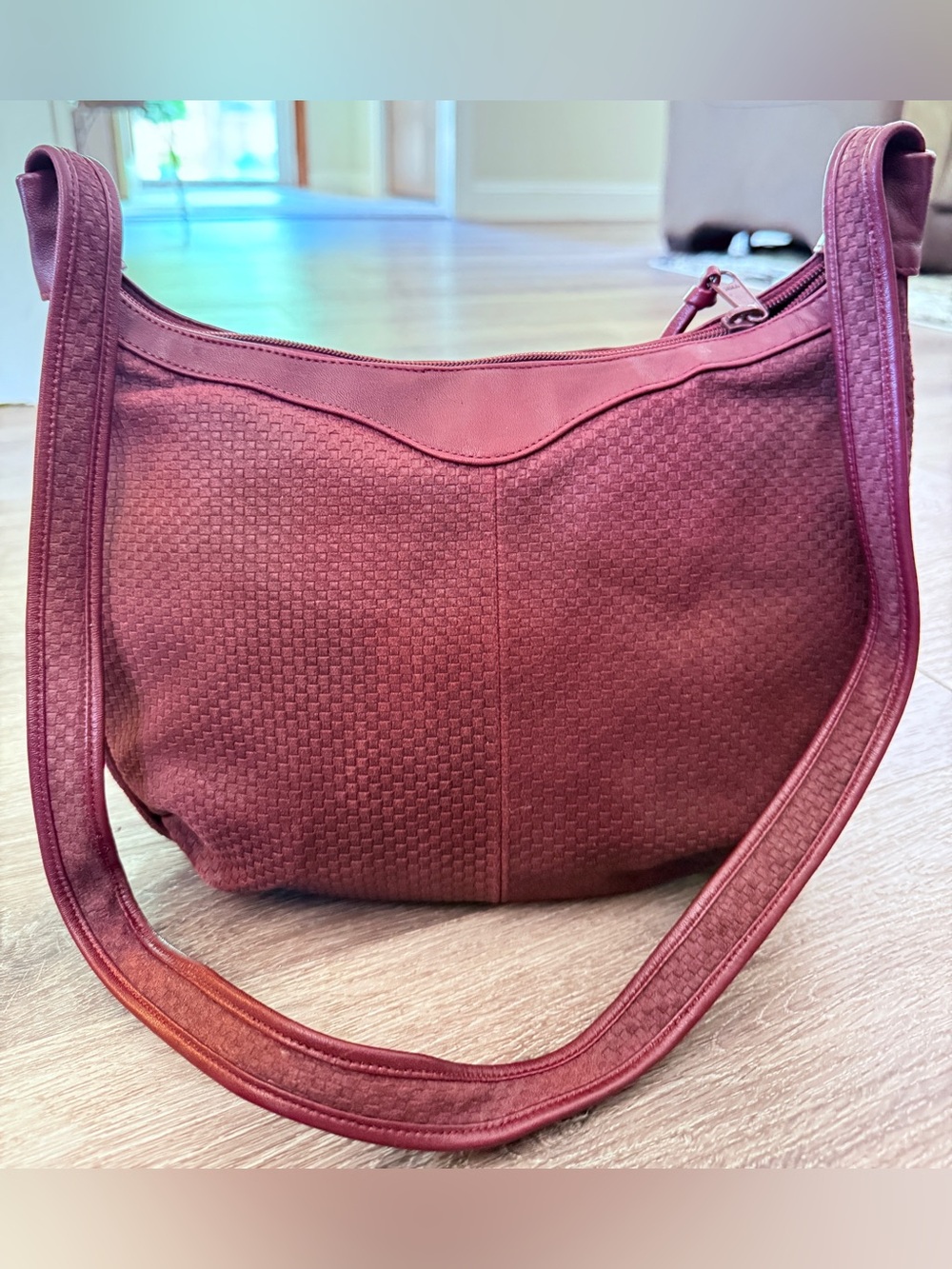 Vintage TANO Burgundy Suede Hobo Bag Woven Geometric Leather Shoulder Purse 12"